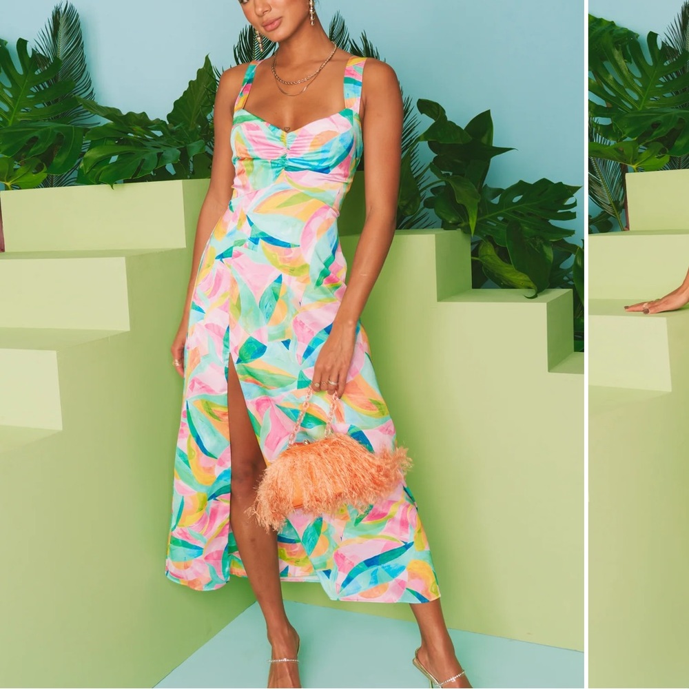 Show Me Your Mumu Mina Midi Dress ~ Tropicana Burst Luxe Satin Size M